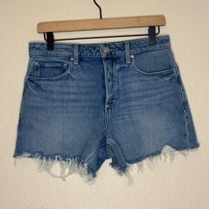 PAIGE Noella High Rise Denim Shorts 27 Petite Raw Hem Button Fly Serine